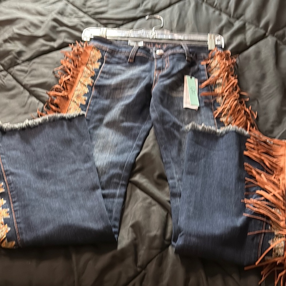 Grace Blue and Brown Jeans with Fringe Detail